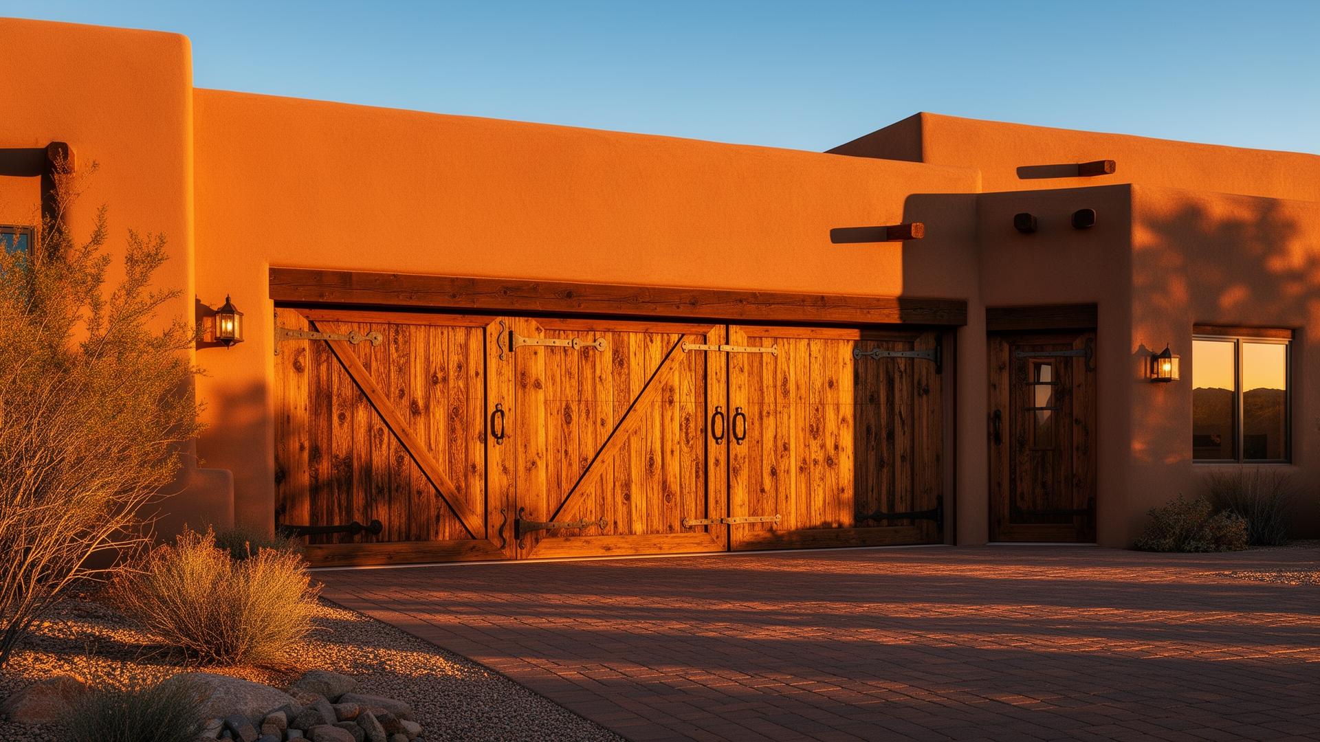 Professional rustic wood grain garage door installation in Tacoma with iron strap hinges